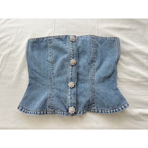 GANNI Rhinestone-Embellished Denim Bustier Blue Size 36 / US 4 Small - Picture 6 of 12
